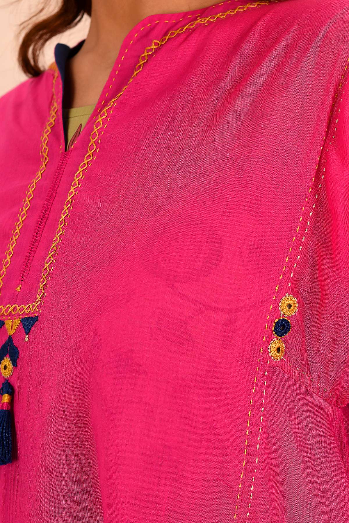 Saheli Double Layer Hand Embroidered Pink Mulmul Cotton Kurta Dress With Printed Beige slip