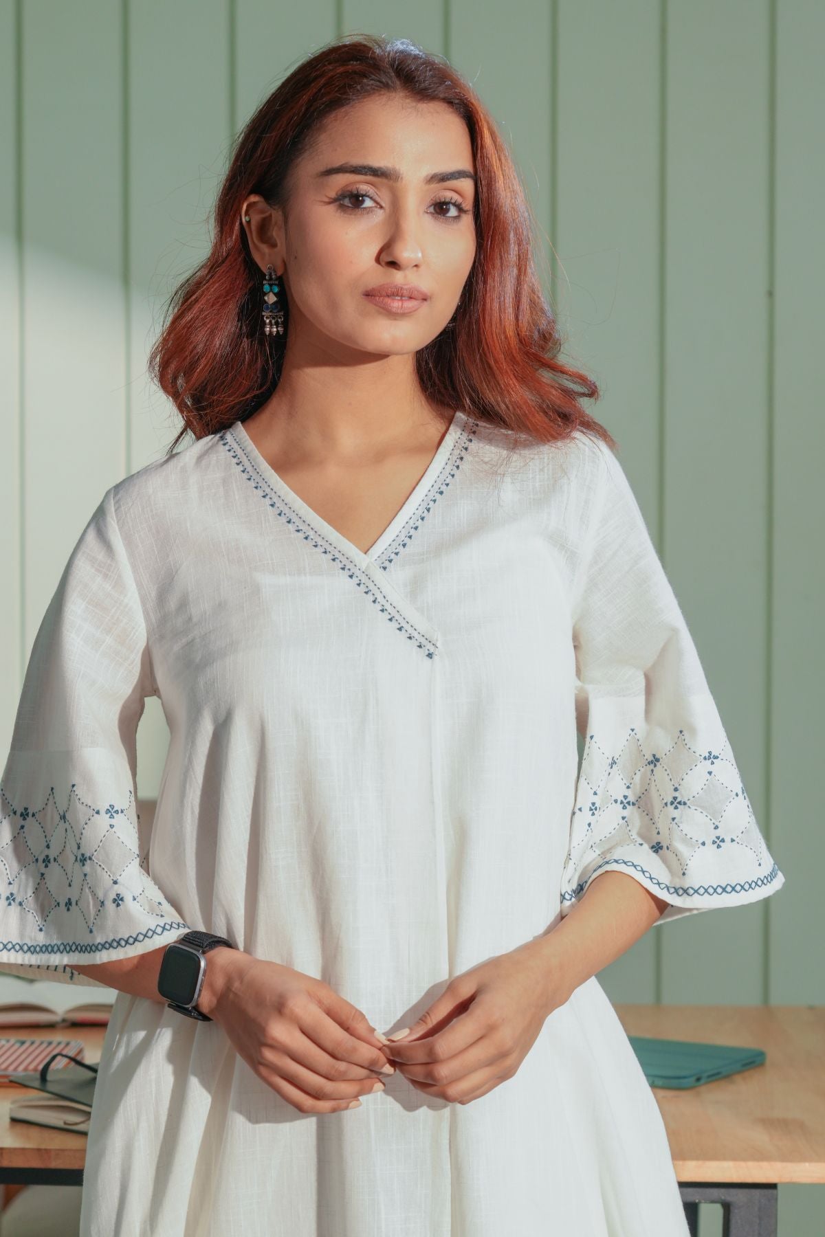 Dhwani White Bell Sleeves Cotton Kurta With Applique