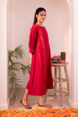 Haveli Chikankari Red Handwoven Cotton Flared Panel  Kurta