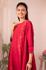 Haveli Chikankari Red Handwoven Cotton Flared Panel  Kurta