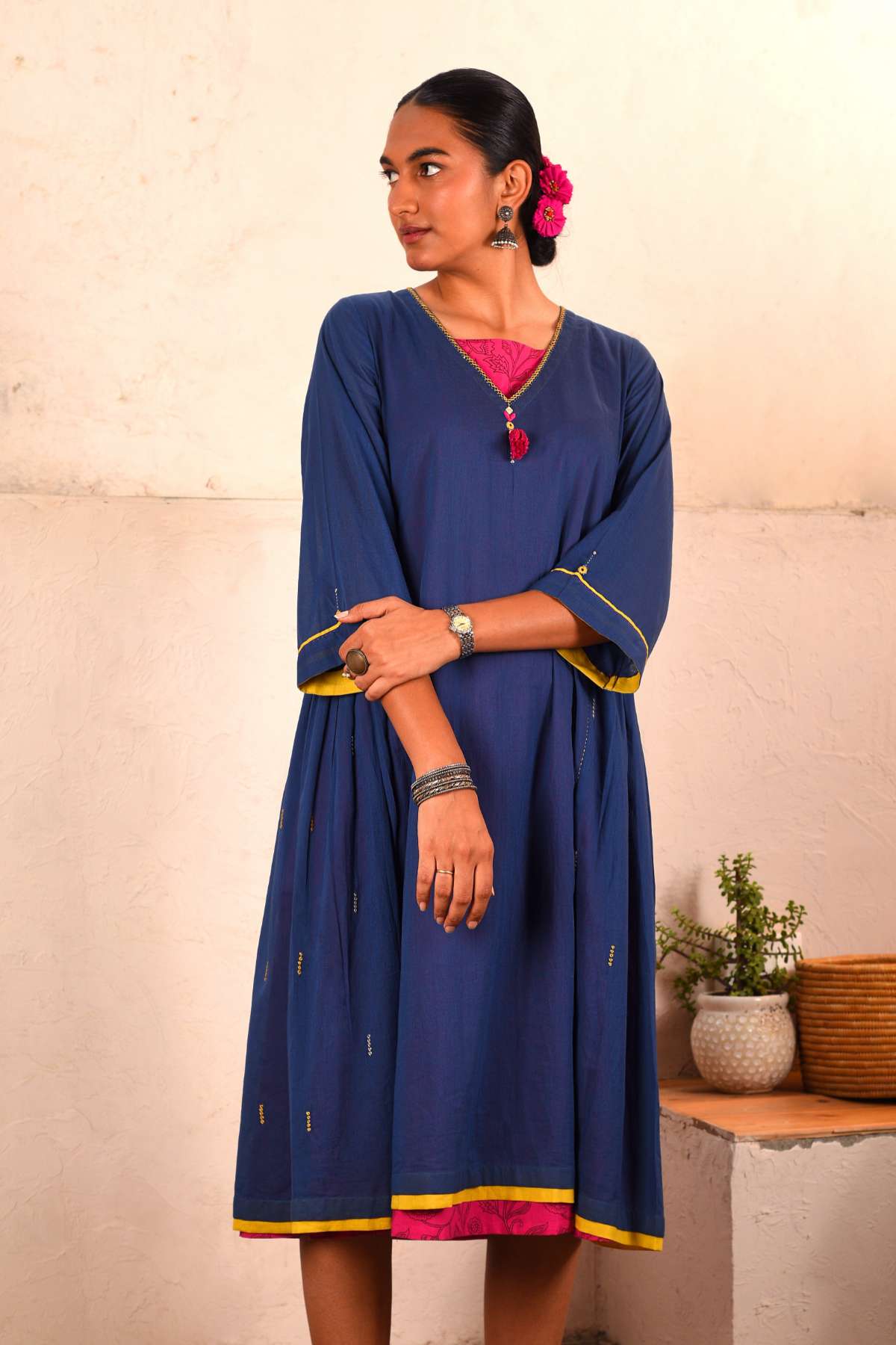 Saheli Double Layer Hand Embroidered Blue Mulmul Cotton Kurta Dress With Printed Pink Slip