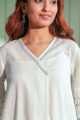 Dhwani White Bell Sleeves Cotton Kurta With Applique