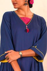 Saheli Double Layer Hand Embroidered Blue Mulmul Cotton Kurta Dress With Printed Pink Slip