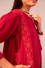 Haveli Chikankari Red Handwoven Cotton Flared Panel  Kurta