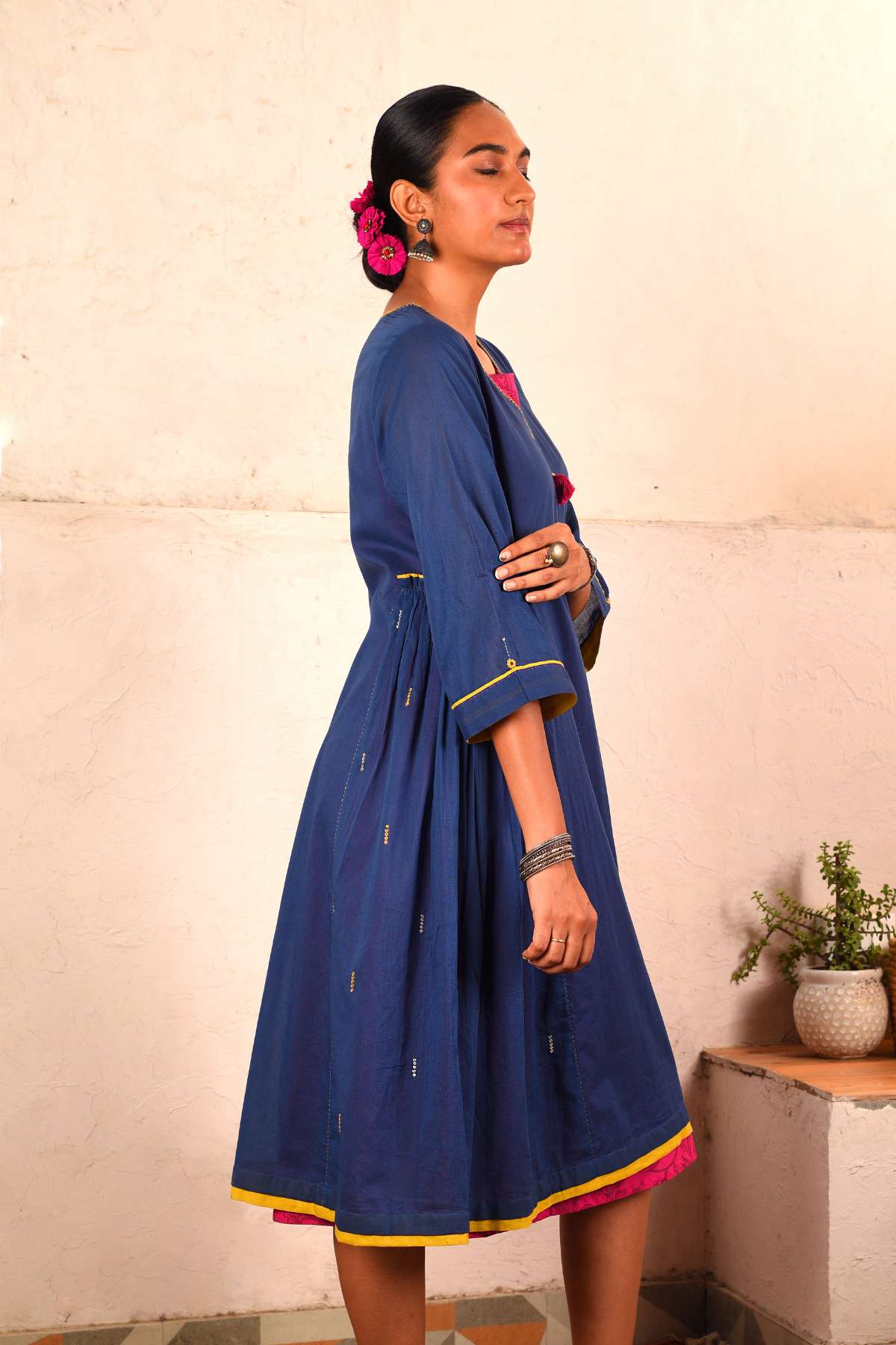 Saheli Double Layer Hand Embroidered Blue Mulmul Cotton Kurta Dress With Printed Pink Slip