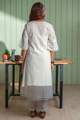 Dhwani White Bell Sleeves Cotton Kurta With Applique