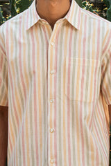 Dhaari Multi Color Pin Stripe Handwoven Half Sleeve White Pure Cotton Shirt