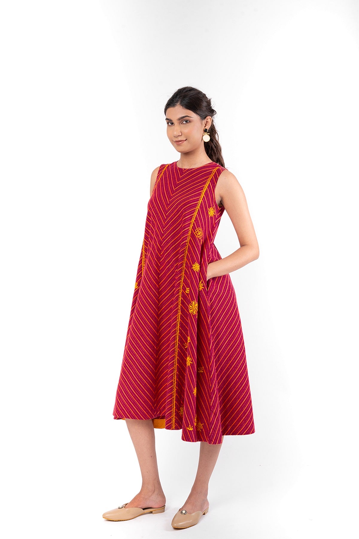 Pardis Red Chikankari Round Neck Dress