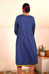 Saheli Double Layer Hand Embroidered Blue Mulmul Cotton Kurta Dress With Printed Pink Slip