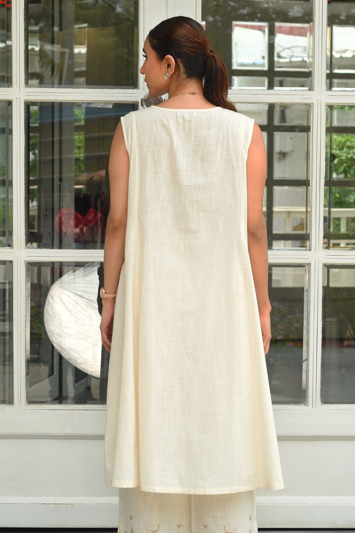 Bagh Cotton V Neck Off White Hand Embroidered Dress