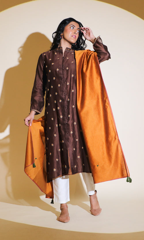 Tara Rust Mirror Work on Daaman With Buttonhole Dupatta