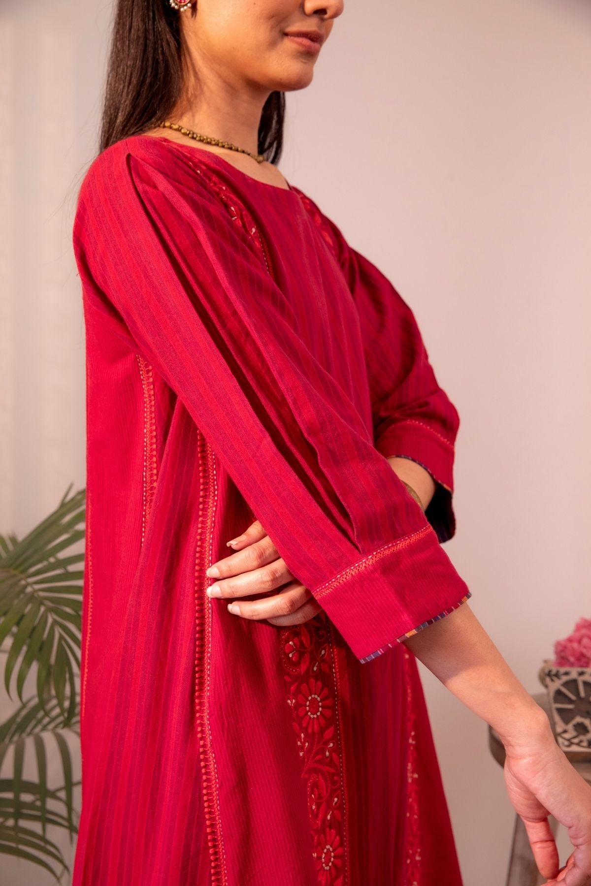 Haveli Chikankari Red Handwoven Cotton Flared Panel  Kurta