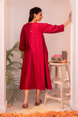 Haveli Chikankari Red Handwoven Cotton Flared Panel  Kurta