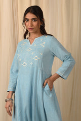 Baori Blue Hand Embroidered 3Q Sleeve Kurta