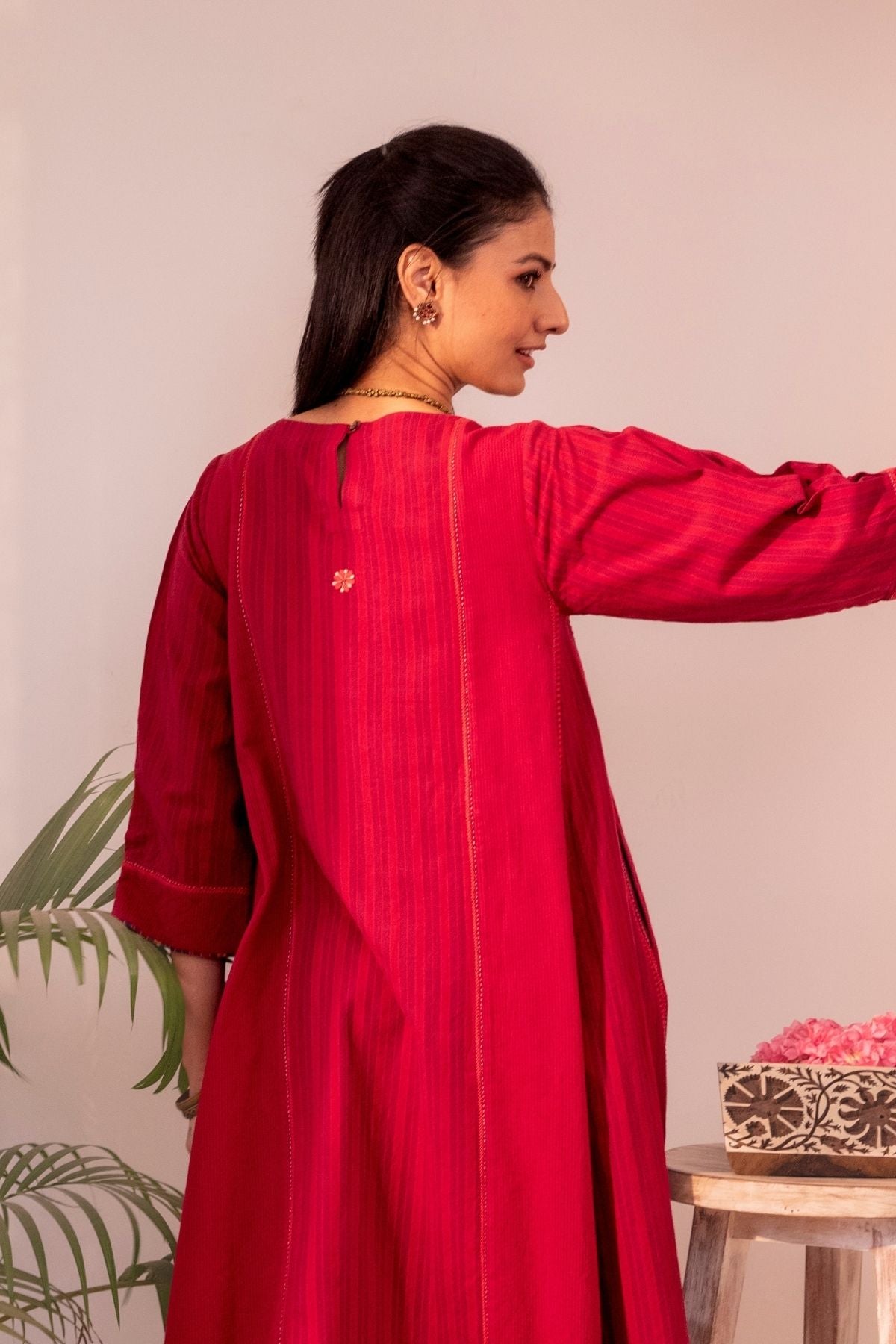 Haveli Chikankari Red Handwoven Cotton Flared Panel  Kurta