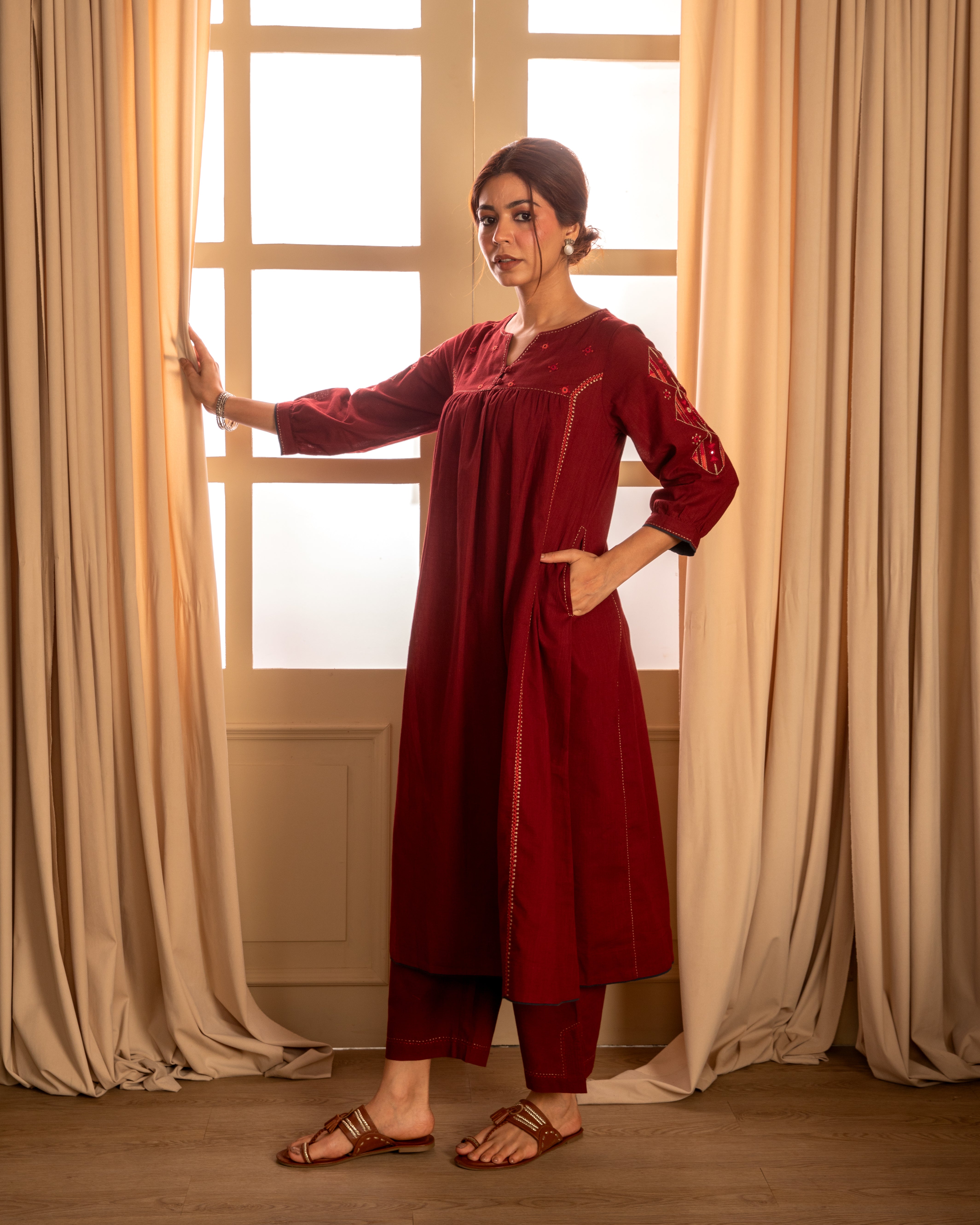 Paheli Maroon Front-Gather Cotton Kurta With Pakka Hand Embroidery
