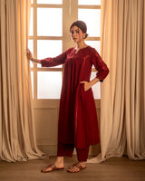 Paheli Maroon Front-Gather Cotton Kurta With Pakka Hand Embroidery