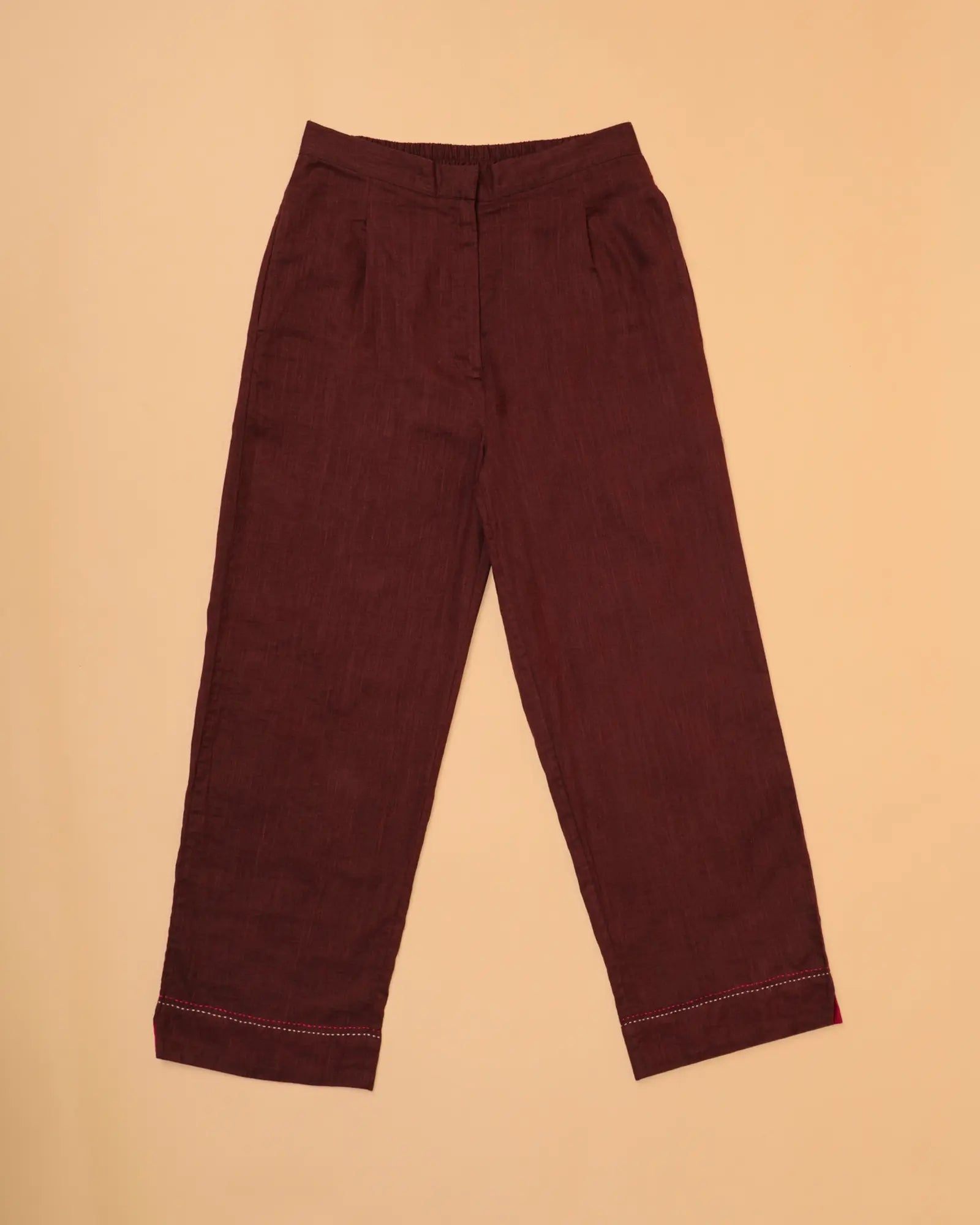 Kaanch Brown Straight-Fit Cotton Pant With Kantha Hand Embroidery