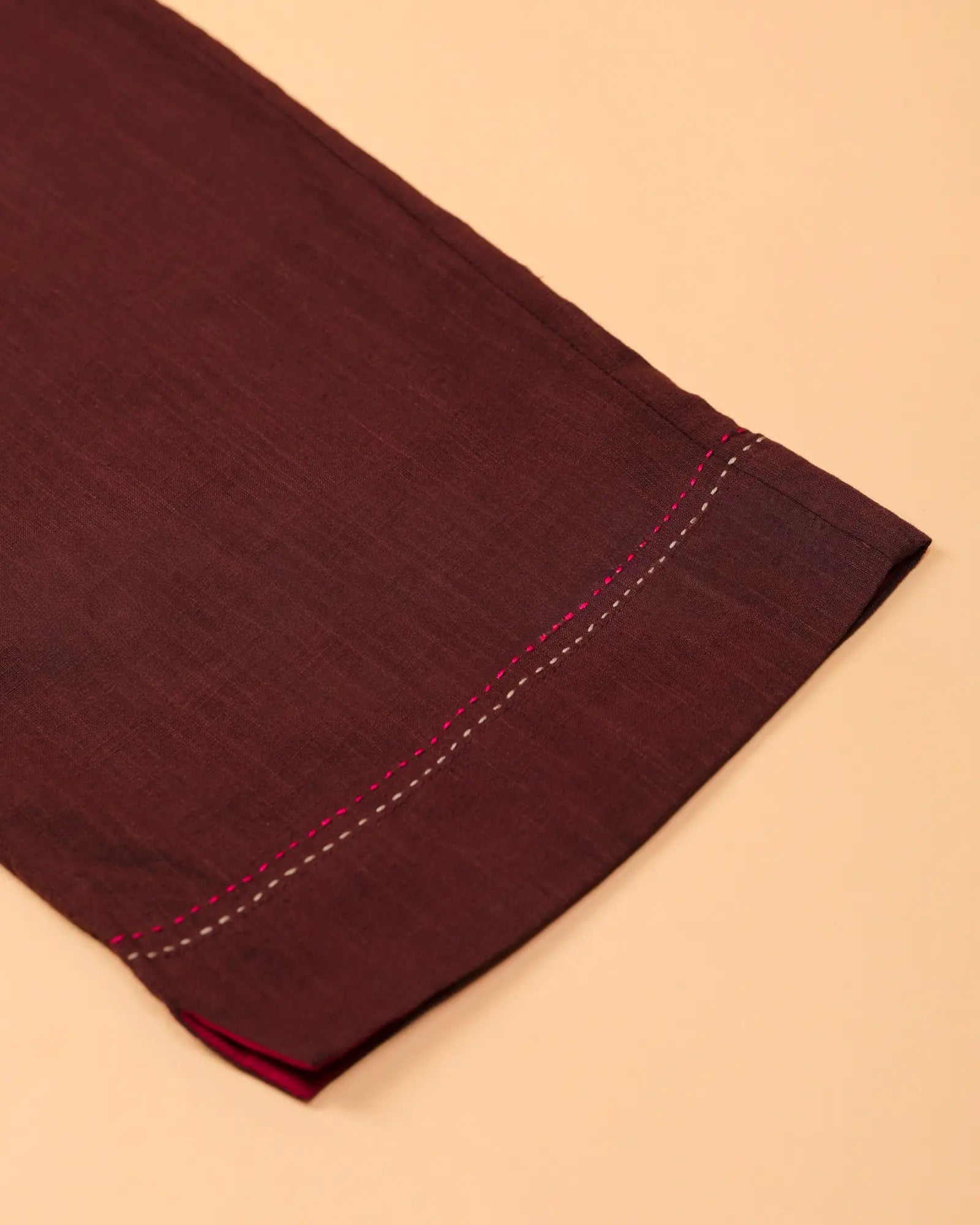 Kaanch Brown Straight-Fit Cotton Pant With Kantha Hand Embroidery