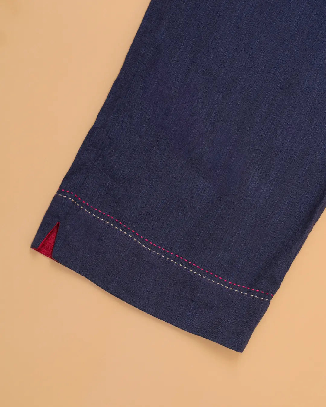 Kaanch Blue Straight-Fit Cotton Pant With Kantha Hand Embroidery