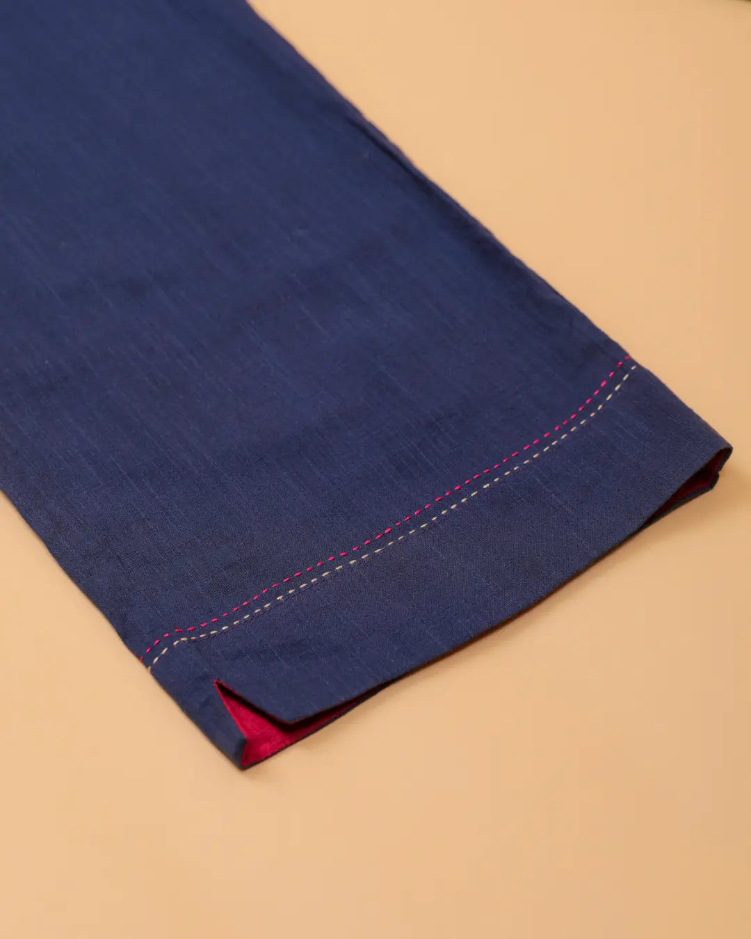 Kaanch Blue Straight-Fit Cotton Pant With Kantha Hand Embroidery