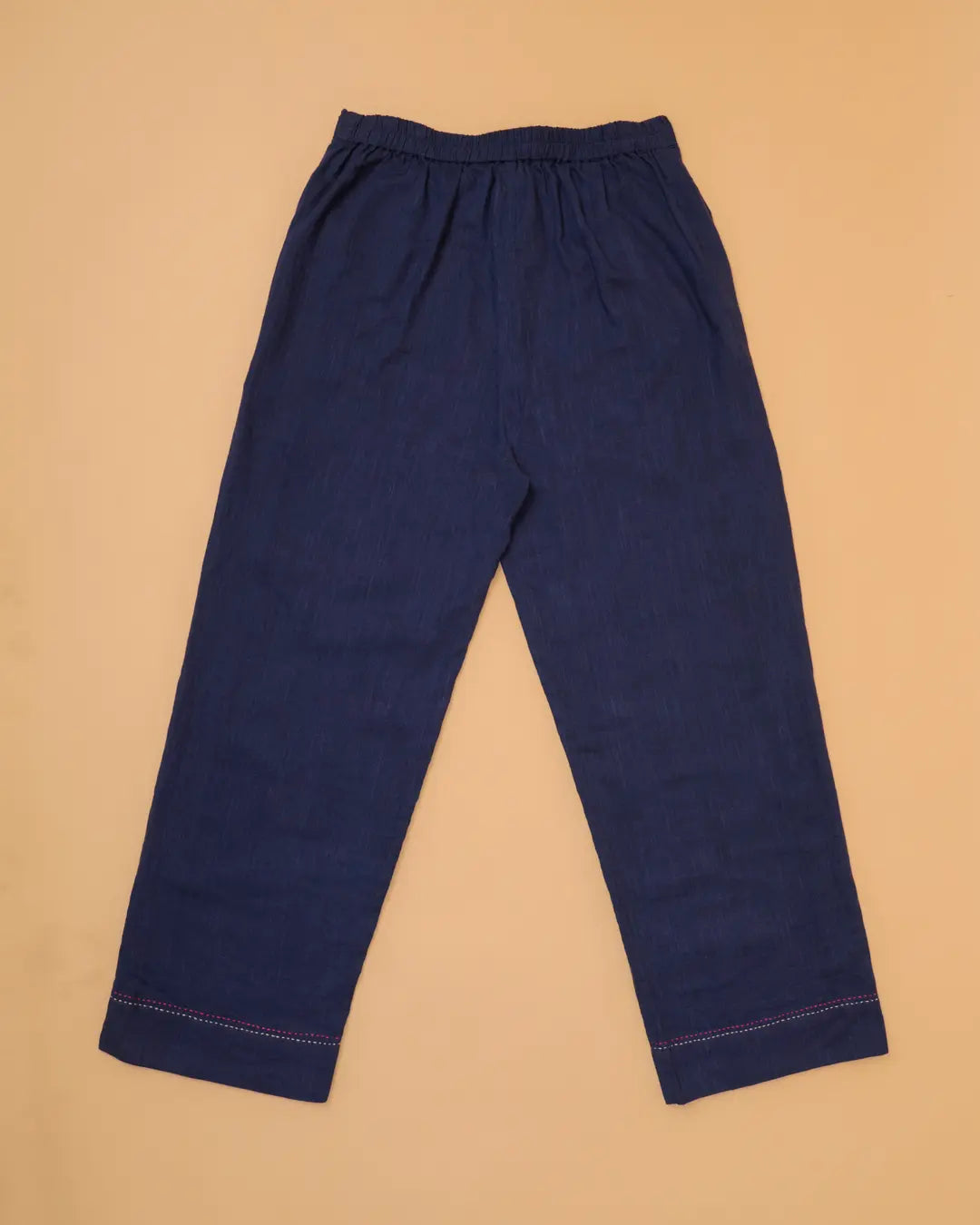 Kaanch Blue Straight-Fit Cotton Pant With Kantha Hand Embroidery