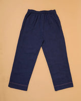 Kaanch Blue Straight-Fit Cotton Pant With Kantha Hand Embroidery