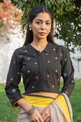 Paheli Black Shirt-Collar Cotton Blouse With Pakka Hand Embroidery