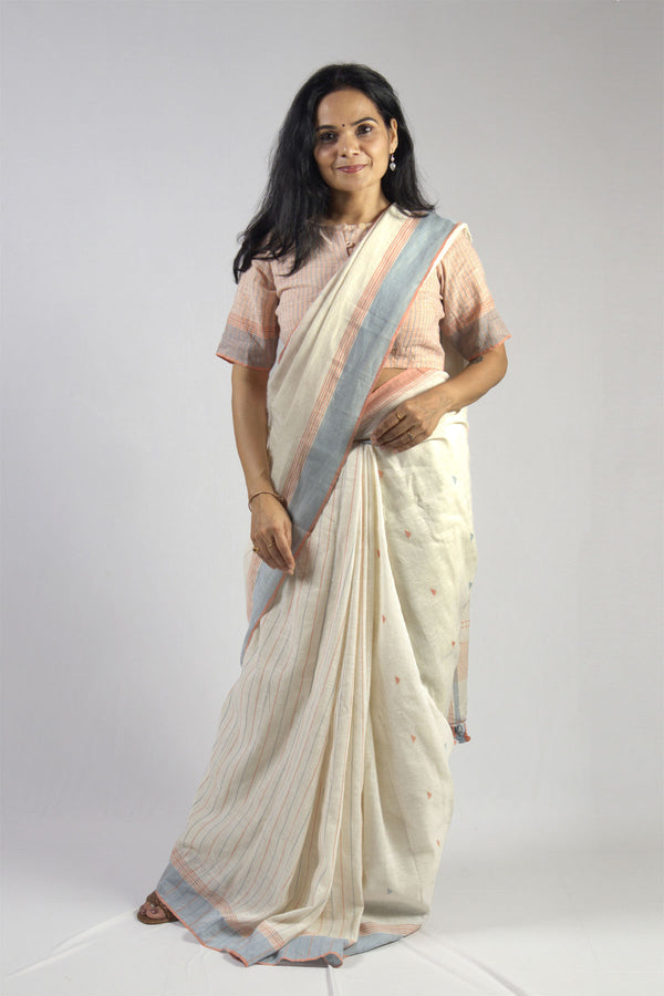 White Rann Linen Kala Cotton Kutchi Saree