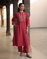Dhwani Red Kalidaar Cotton Kurta With Dessert Hand Embroidery
