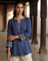 Dhwani Blue Cotton Top With Dessert Hand Embroidery