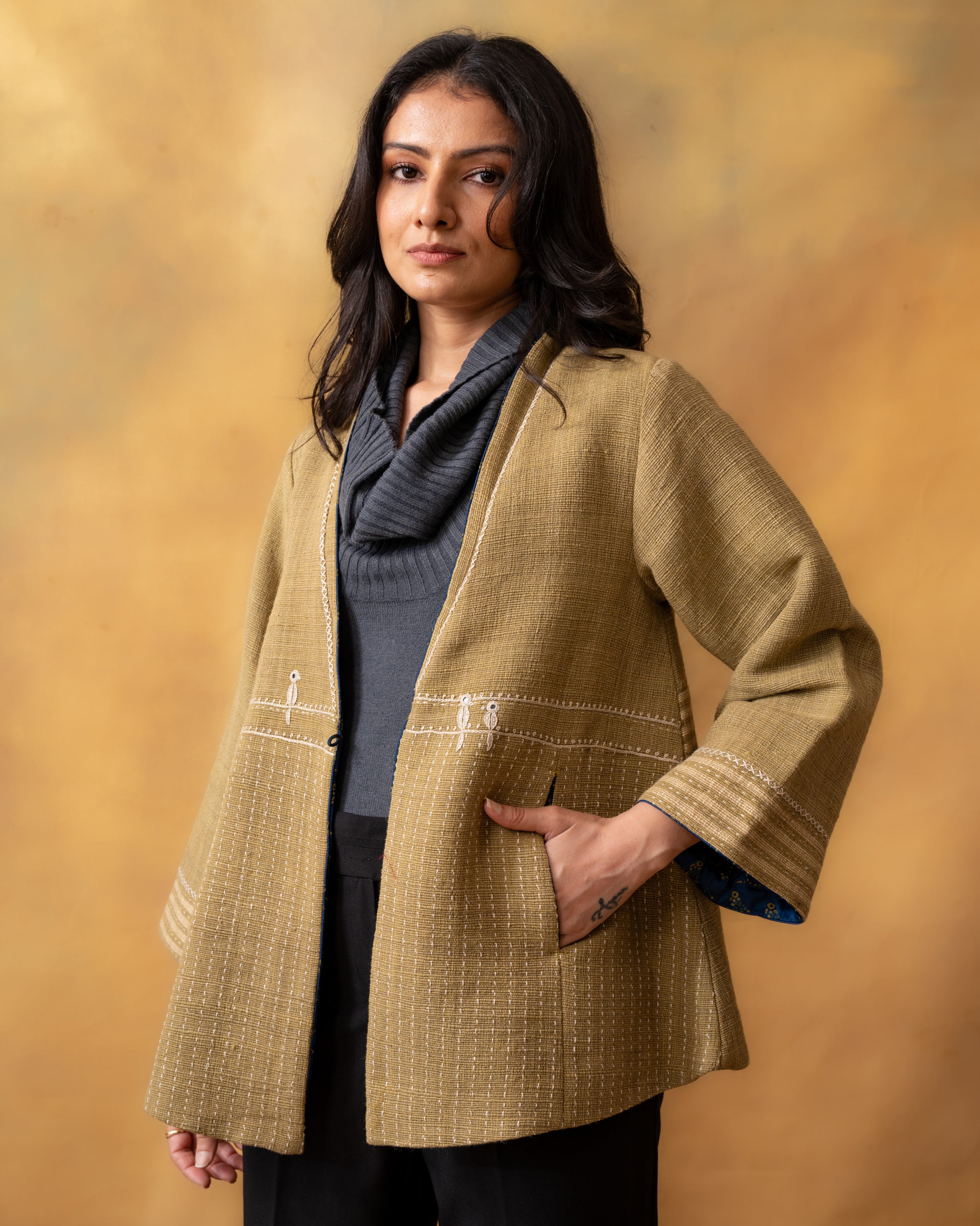 Dhaani Olive Green Handwoven Naturally Dyed Woolen Short Jacket