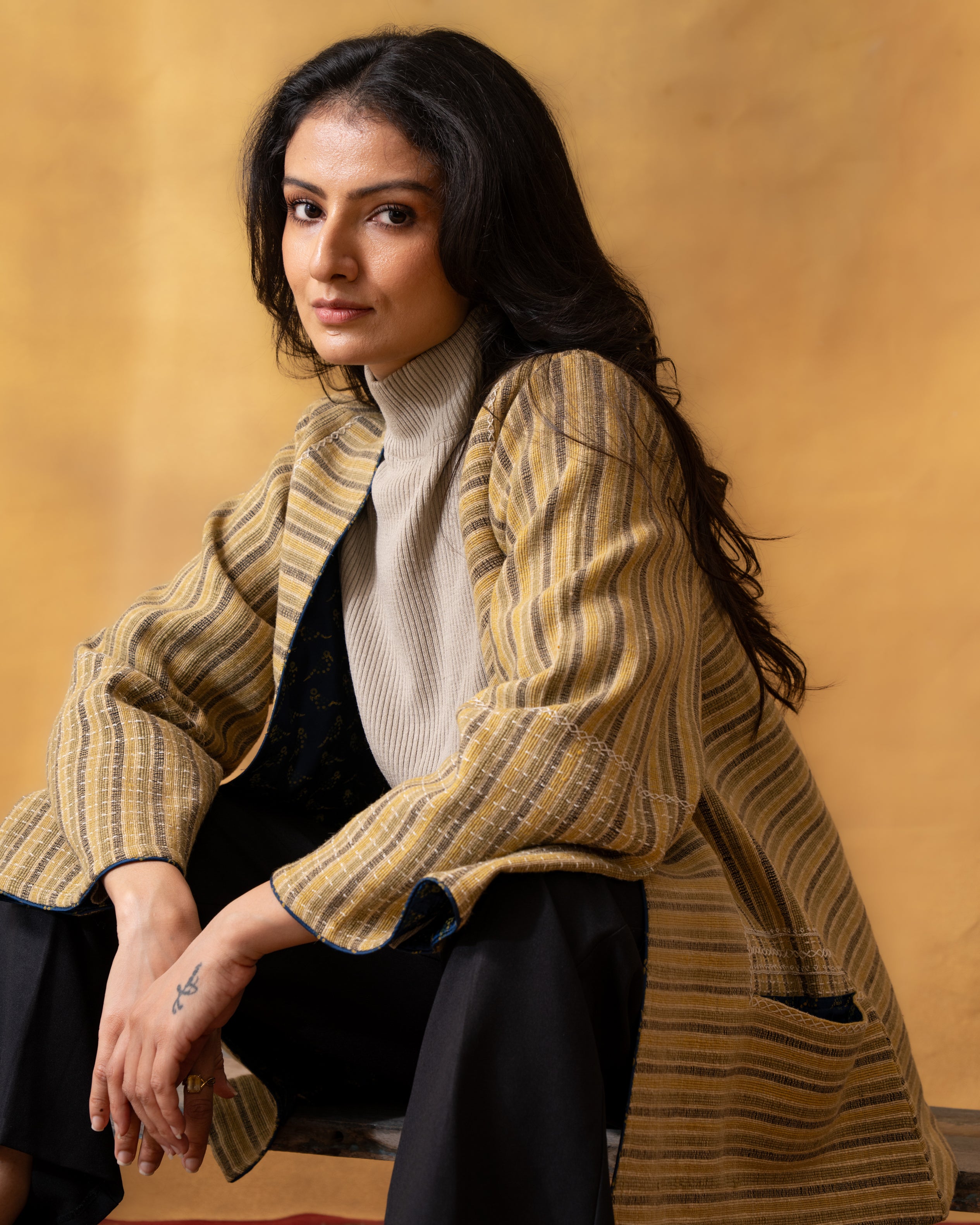 Dhaani Olive Green Handwoven Naturally Dyed Woolen Kimono Jacket