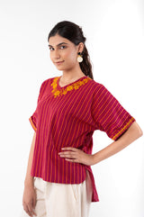 Pardis Red Chikankari Round Neck Boxy Top