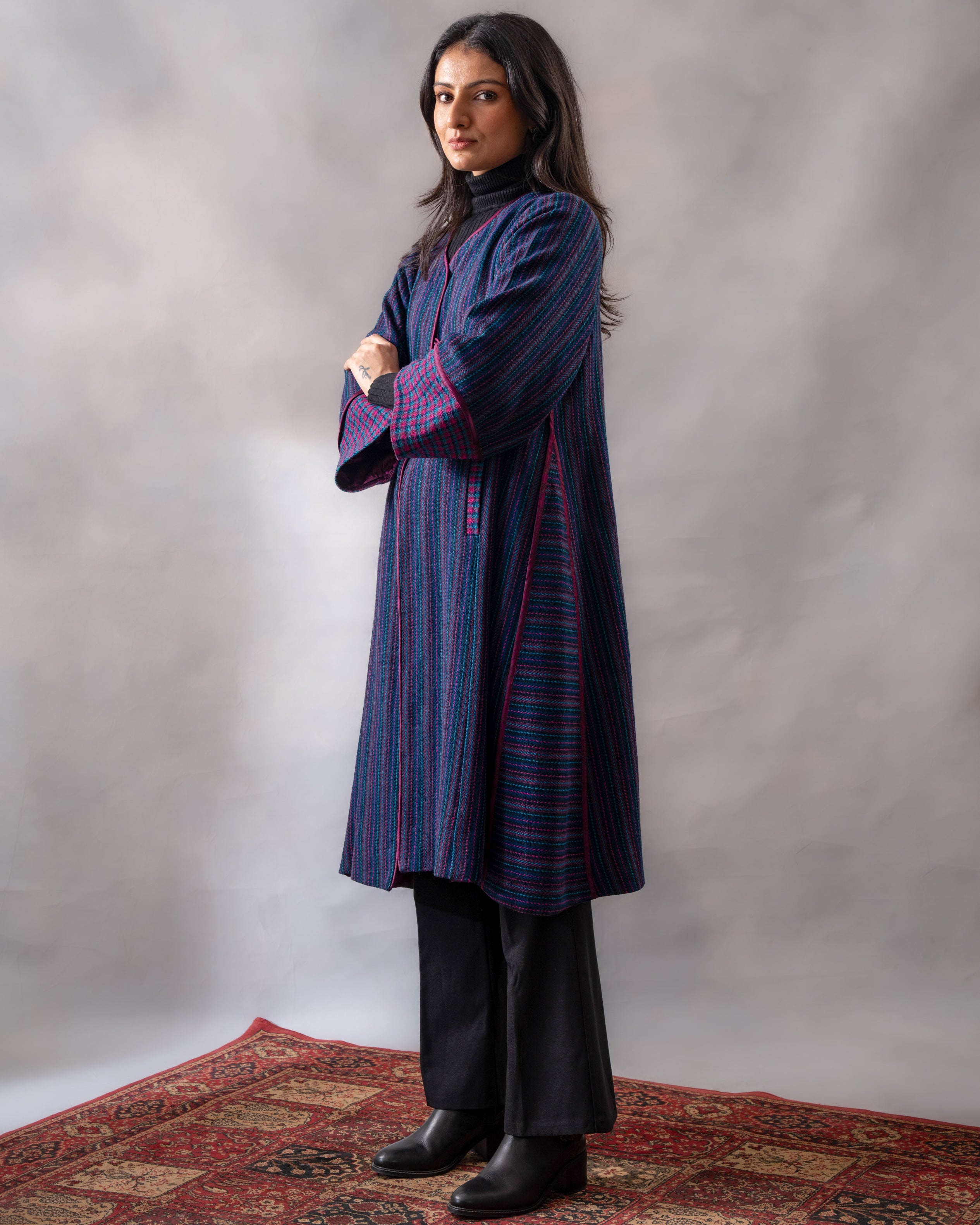 Gurez Blue Striped Handwoven Woolen Long Jacket