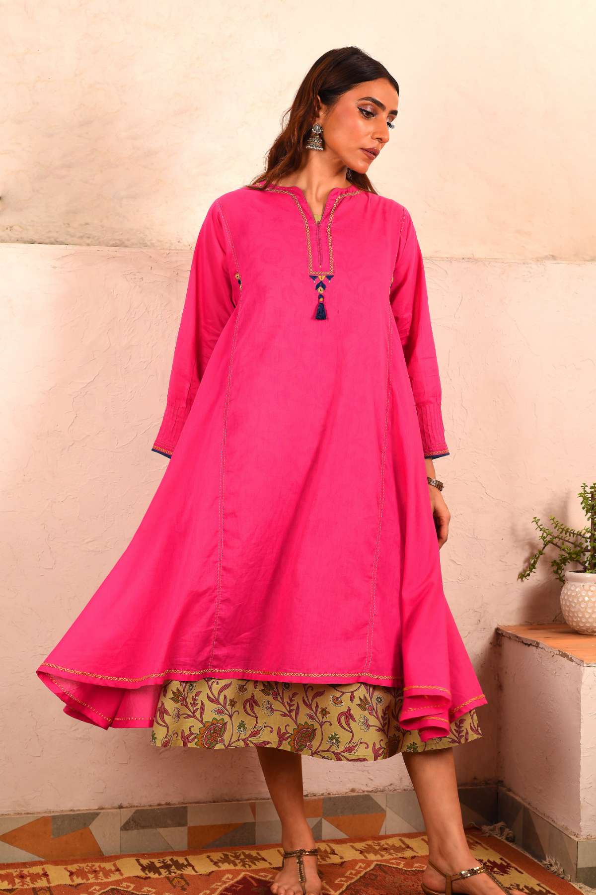 Saheli Double Layer Hand Embroidered Pink Mulmul Cotton Kurta Dress With Printed Beige slip