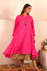 Saheli Double Layer Hand Embroidered Pink Mulmul Cotton Kurta Dress With Printed Beige slip