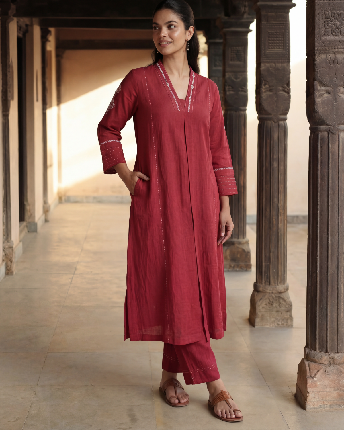 Dhwani Red A-Line Cotton Kurta With Desert Hand Embroidery