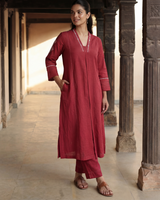 Dhwani Red A-Line Cotton Kurta With Dessert Hand Embroidery