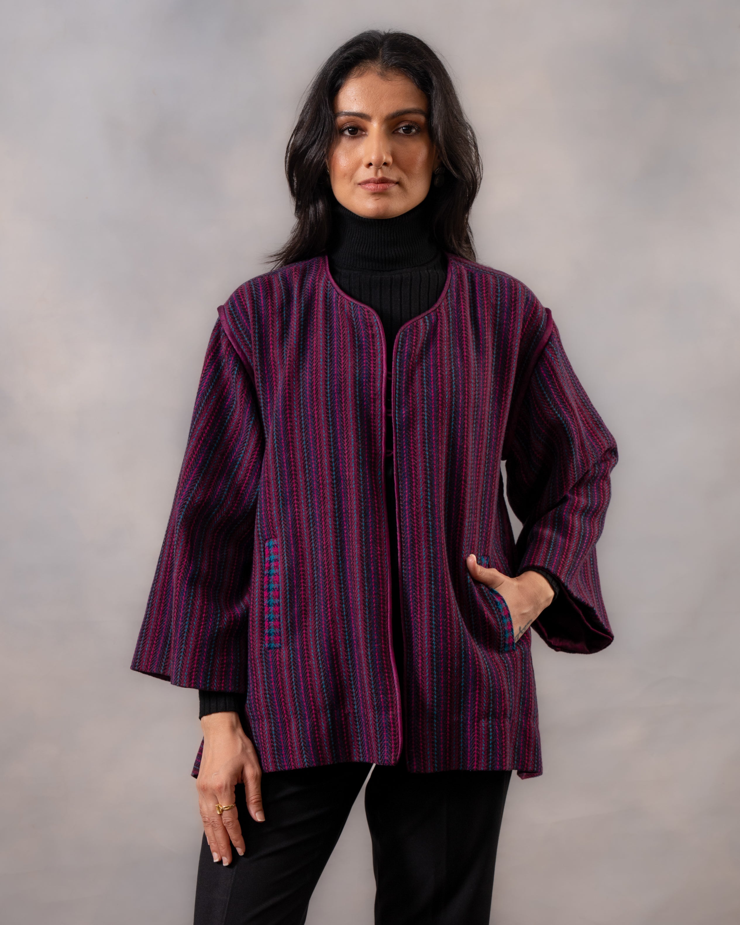 Gurez  Wine Striped Handwoven Woolen Jacket