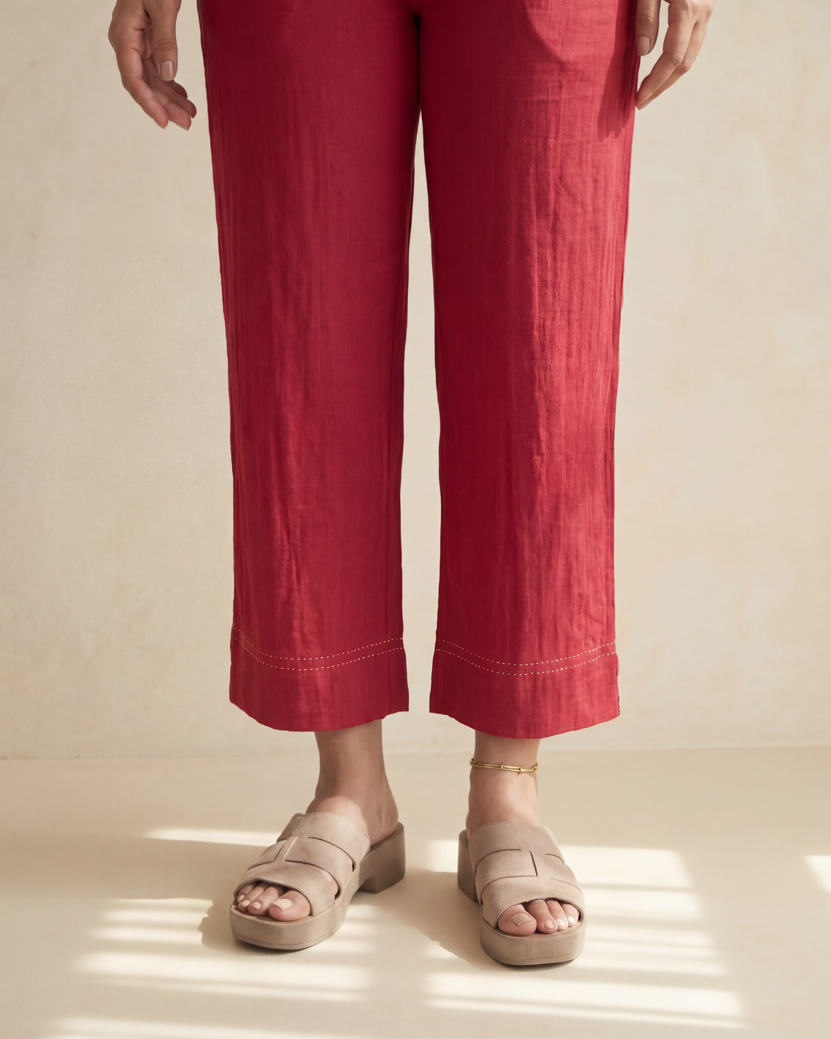 Dhwani Red Straight-Fit Cotton Pants With Dessert Hand Embroidery