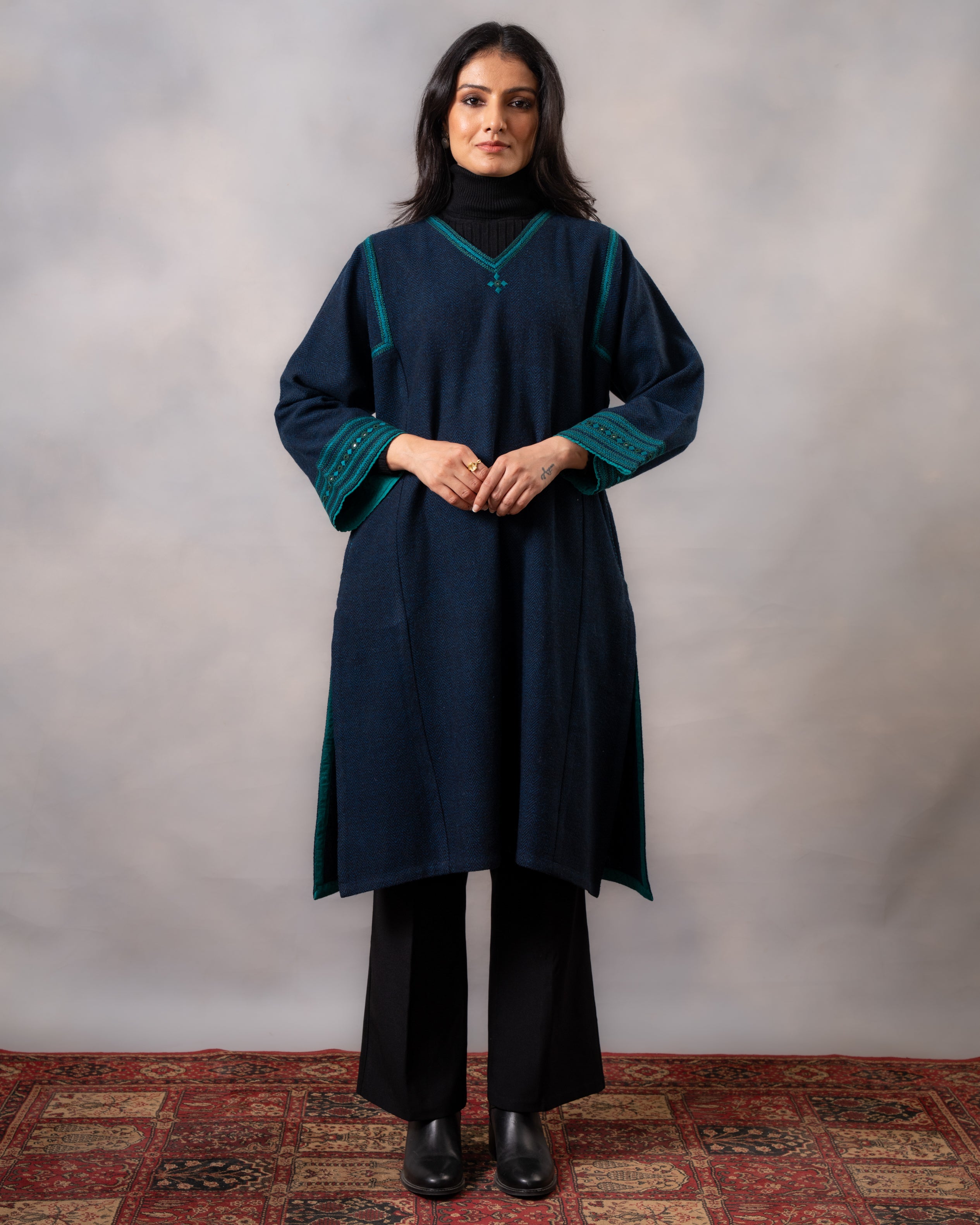 Gurez  Blue Handwoven Woolen Phiran with Dessert Hand Embroidery