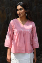 Nargis Pink Kashmiri Crewel Hand Embroidered  Cotton V-Neck Top