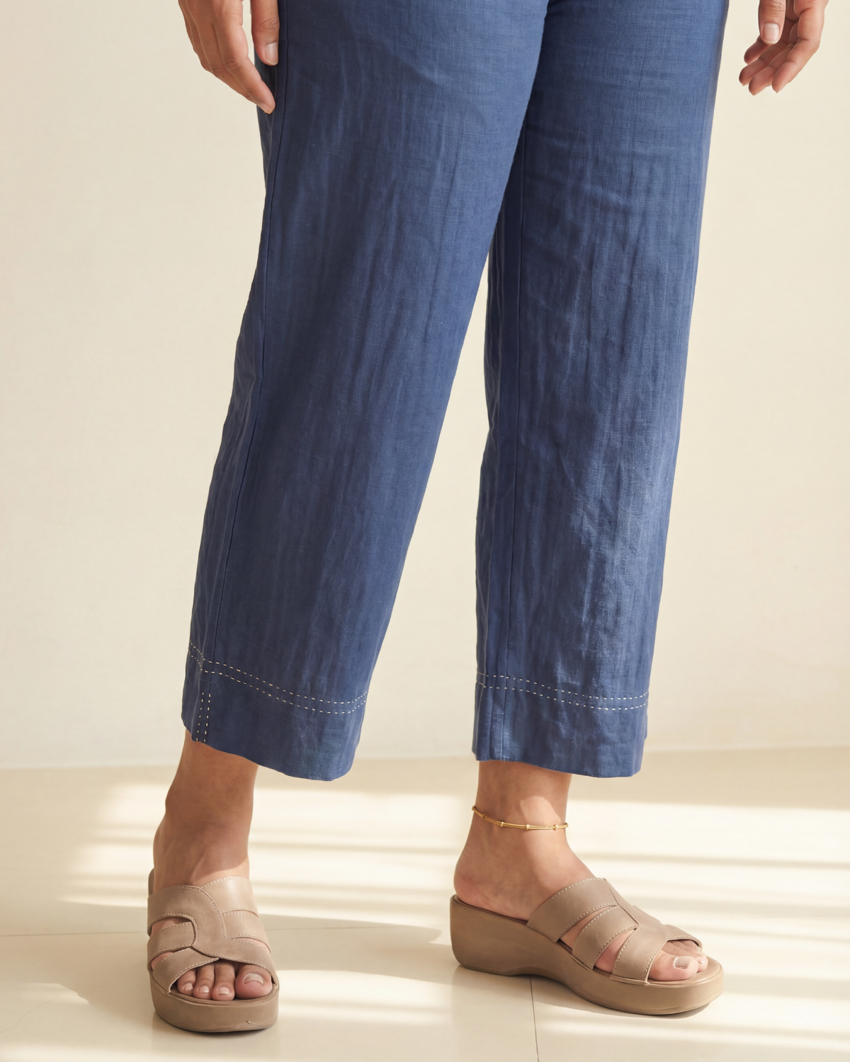 Dhwani Blue Straight-Fit Cotton Pants With Dessert Hand Embroidery