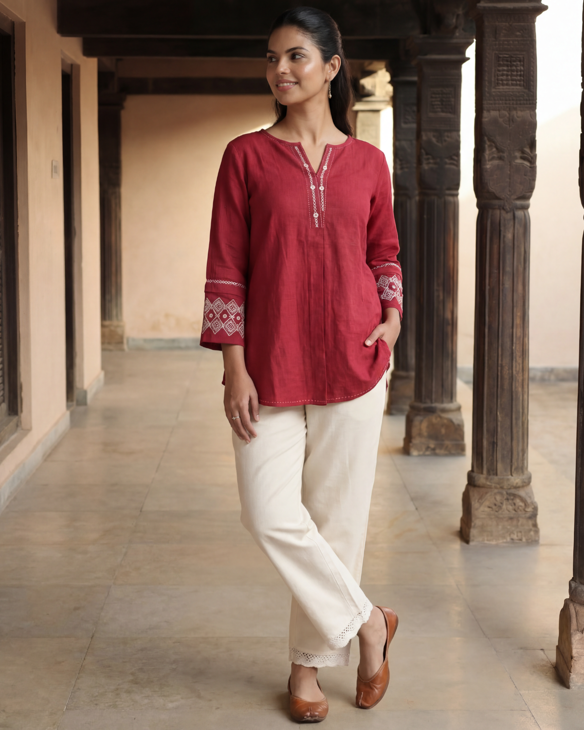 Dhwani Red Cotton Top With Desert Hand Embroidery