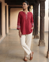 Dhwani Red Cotton Top With Dessert Hand Embroidery