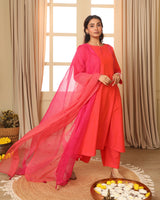 Aashvi Pink-Coral Kota Dupatta With Desert Hand Embroidery
