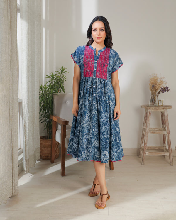 Chaaya Indigo Block Printed Dress With Cap Sleeves