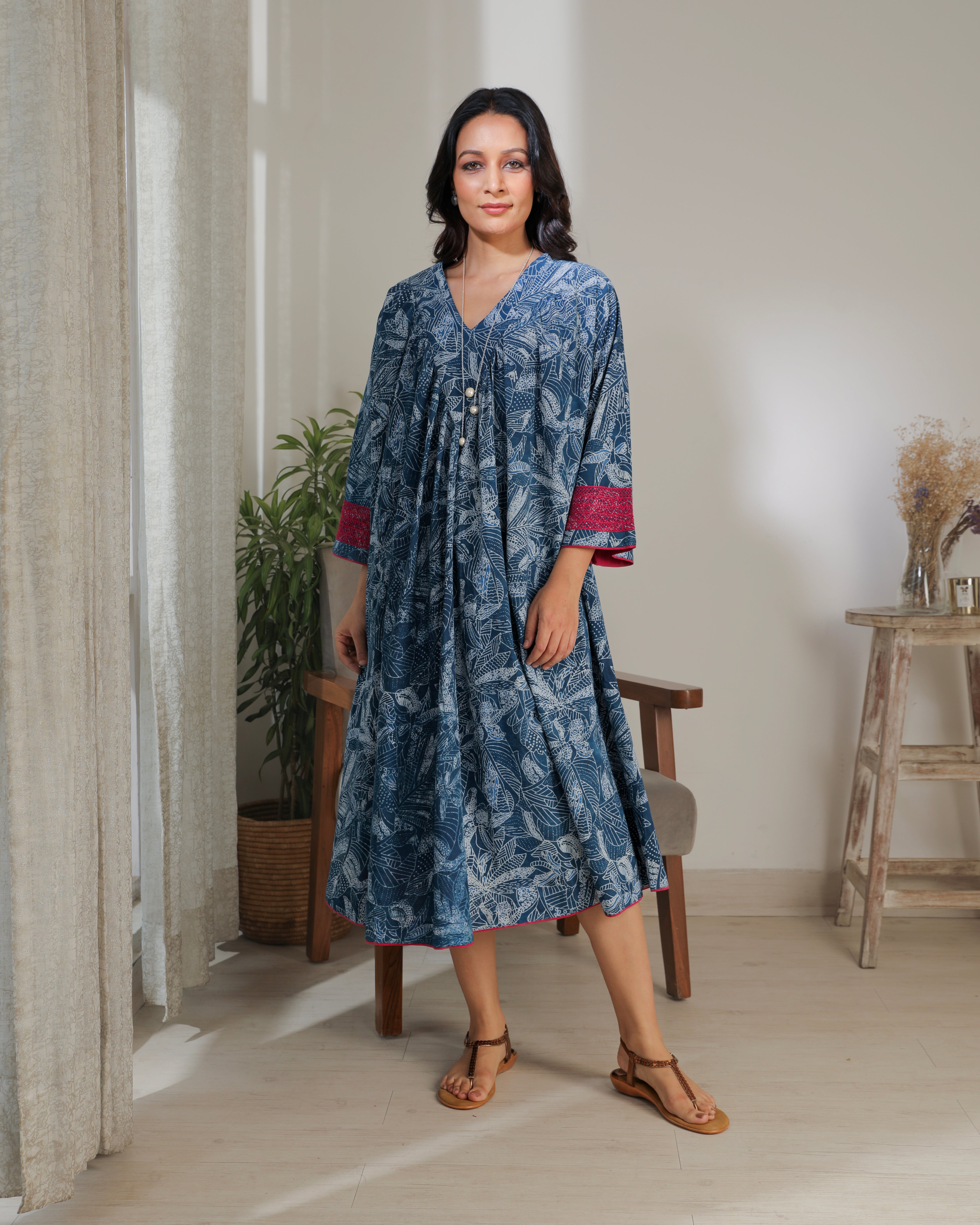 Chaaya Indigo Block Printed Dress With Flared Sleeves