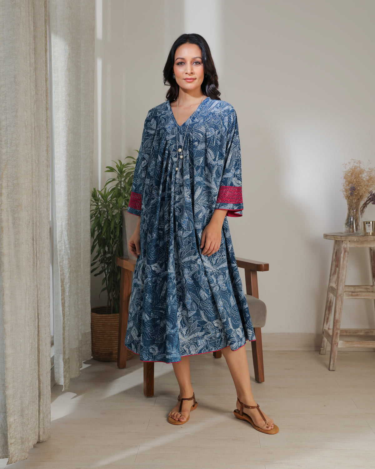 Chaaya Indigo Block Printed Dress With Flared Sleeves